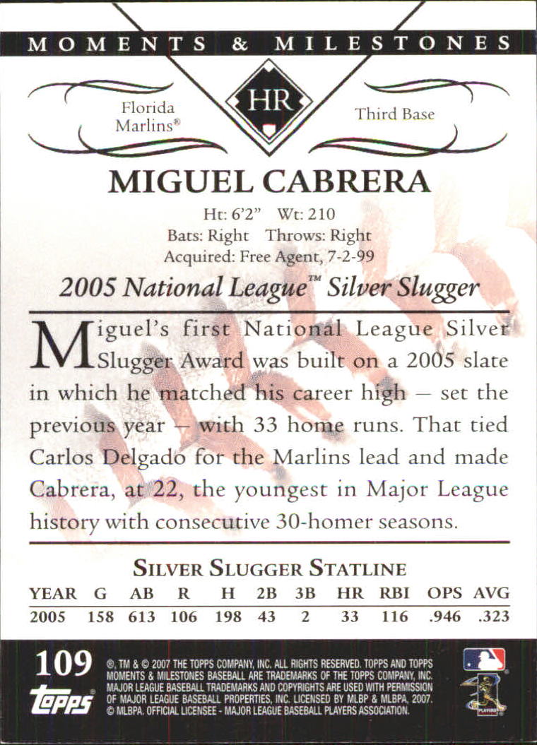 2007 Topps Moments and Milestones #109-15 Miguel Cabrera/HR 15 back image