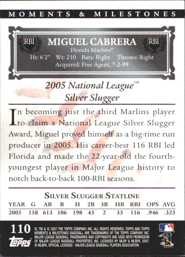 2007 Topps Moments and Milestones #110-33 Miguel Cabrera/RBI 33 back image