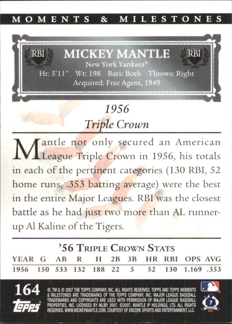 2007 Topps Moments and Milestones #164-126 Mickey Mantle/RBI 126 back image