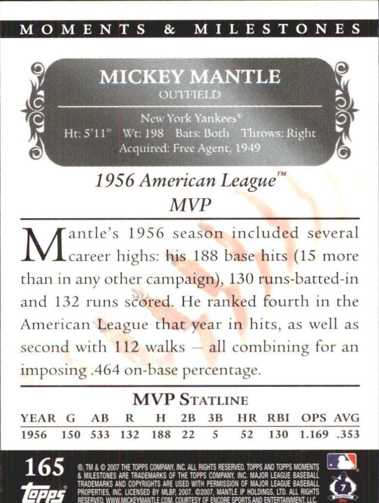 2007 Topps Moments and Milestones #165-76 Mickey Mantle/Hits 76 back image