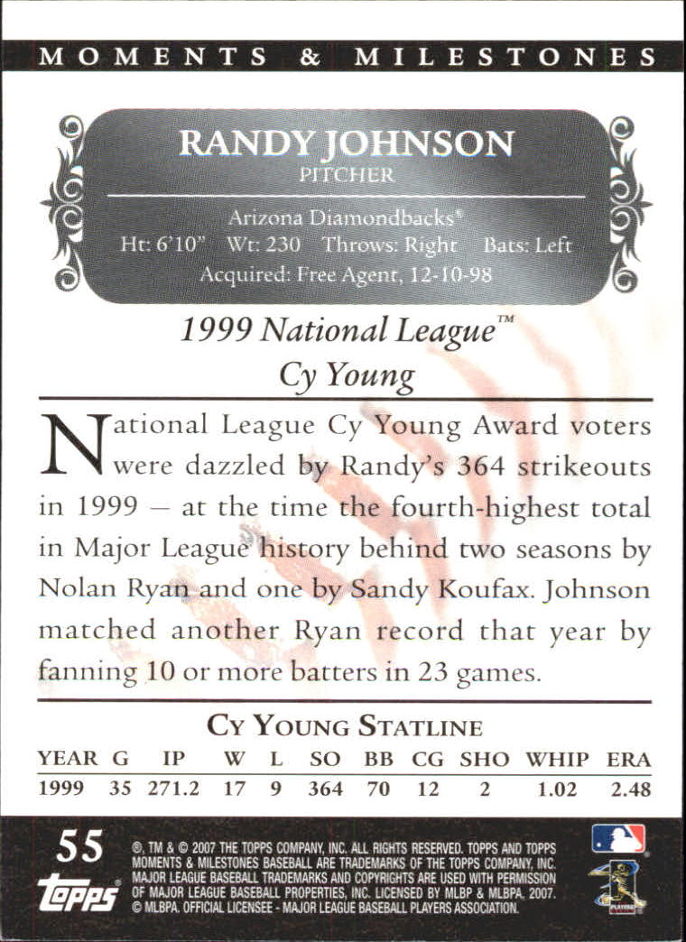 2007 Topps Moments and Milestones Black #55-355 Randy Johnson/SO 355 back image