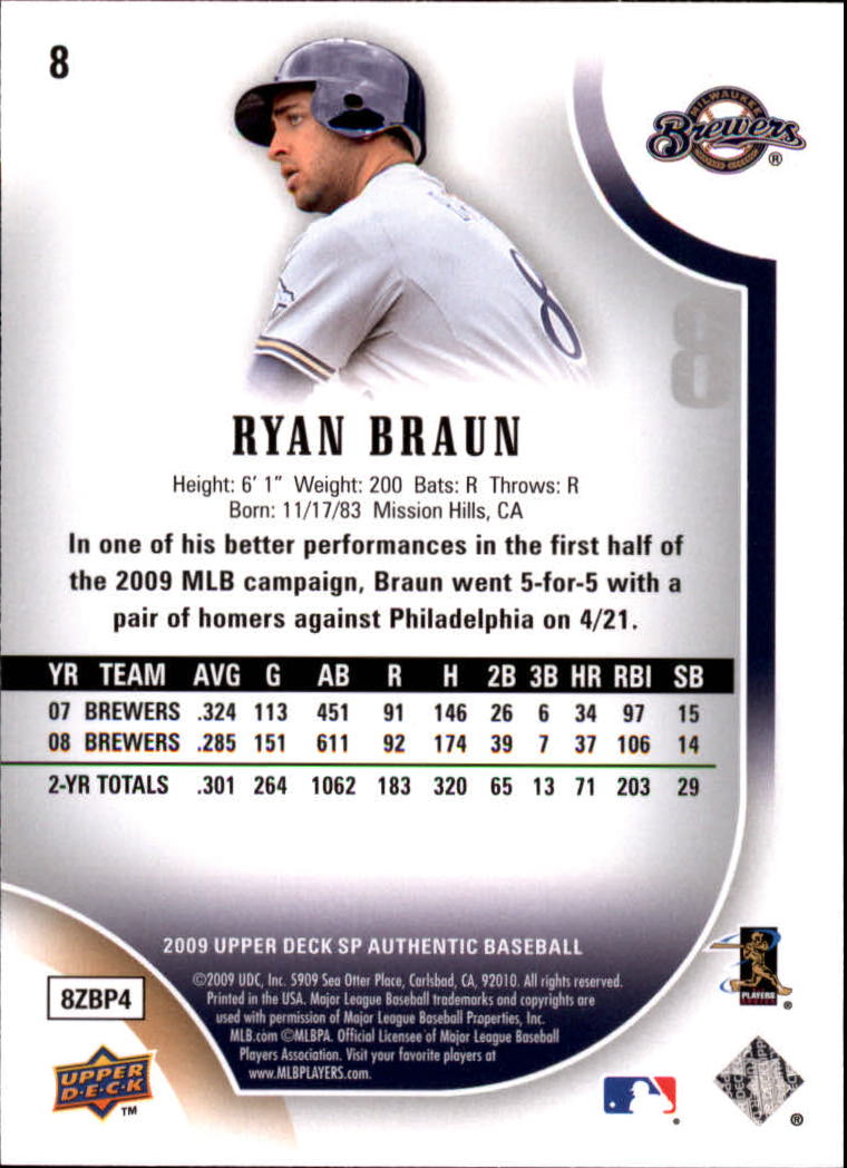 2009 SP Authentic #8 Ryan Braun back image