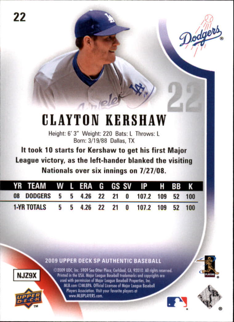 2009 SP Authentic #22 Clayton Kershaw back image