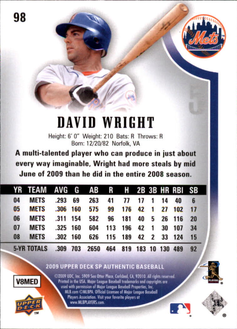 2009 SP Authentic #98 David Wright back image