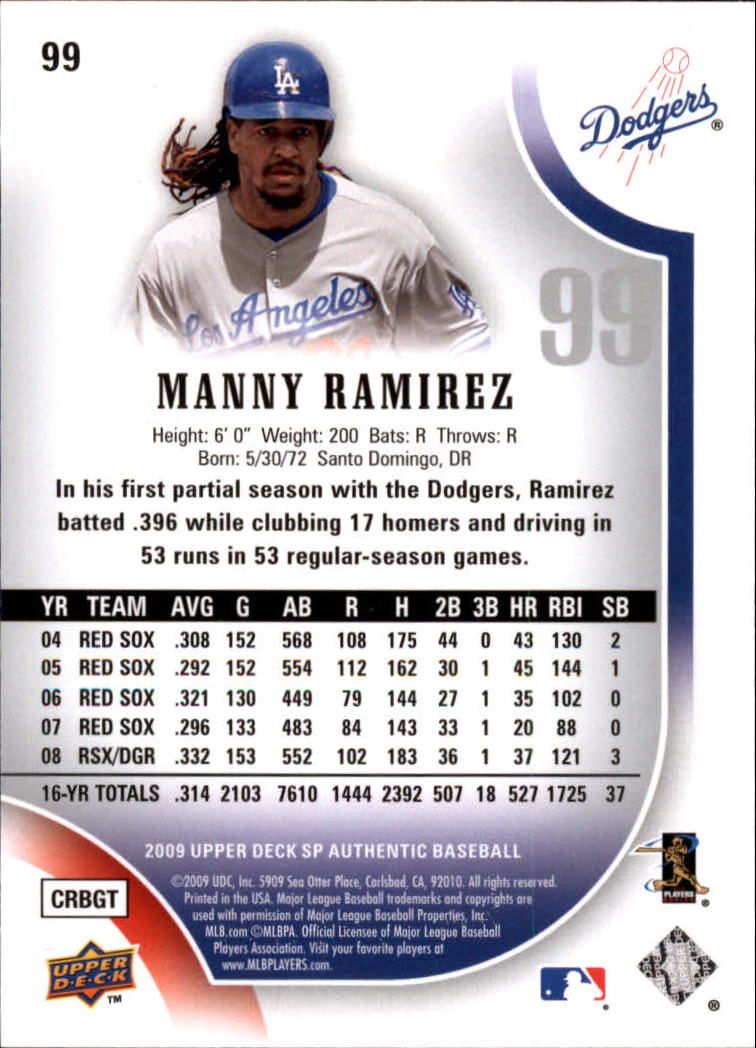 2009 SP Authentic #99 Manny Ramirez - NM-MT - The Dugout Sportscards &  Comics