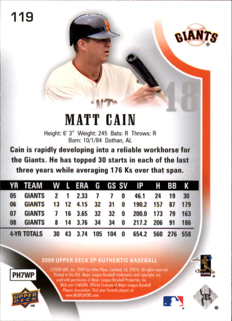 2009 SP Authentic #119 Matt Cain back image