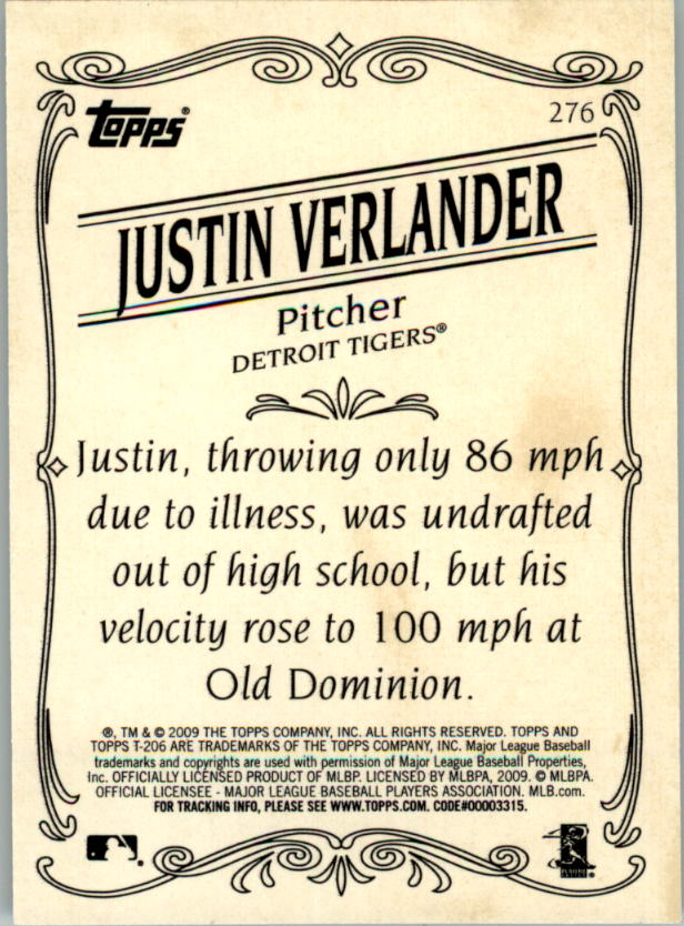 2009 Topps 206 Bronze #276 Justin Verlander back image