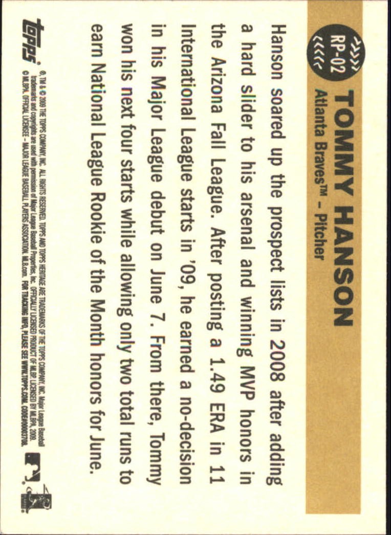 2009 Topps Heritage High Number Rookie Performers #RP02 Tommy Hanson back image