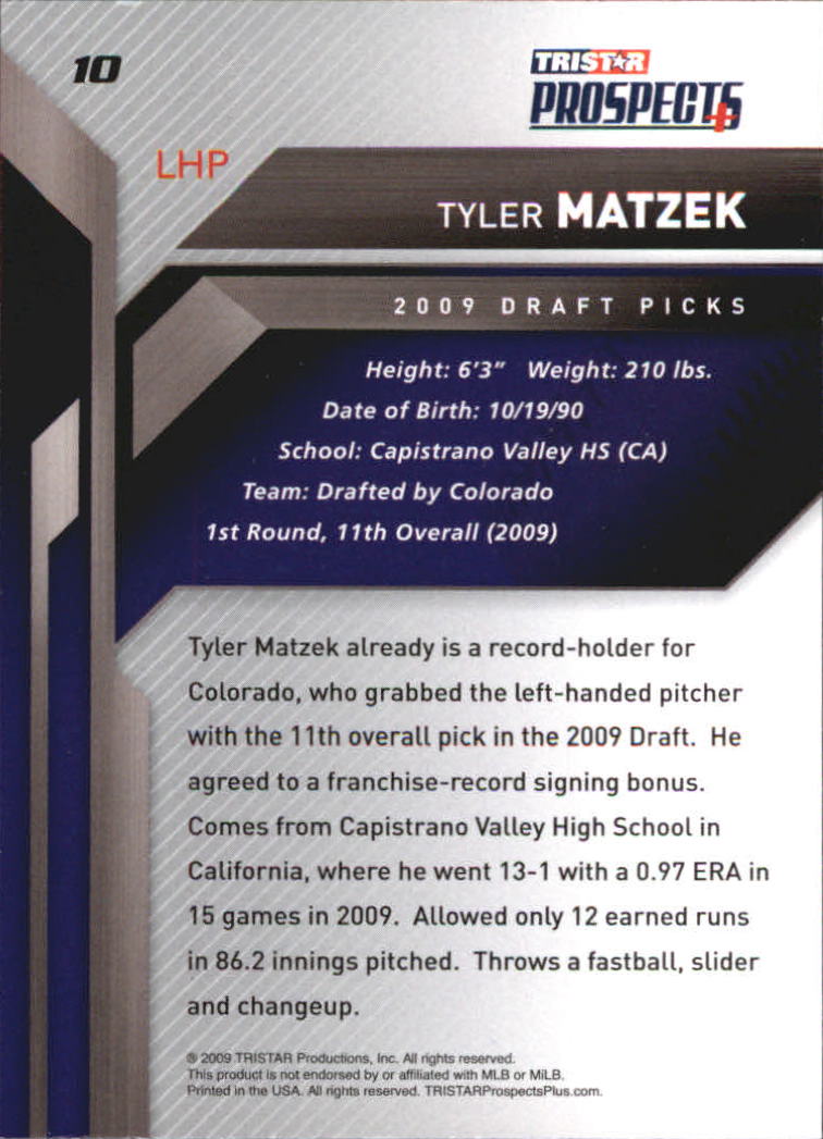 2009 TRISTAR Prospects Plus #10 Tyler Matzek back image
