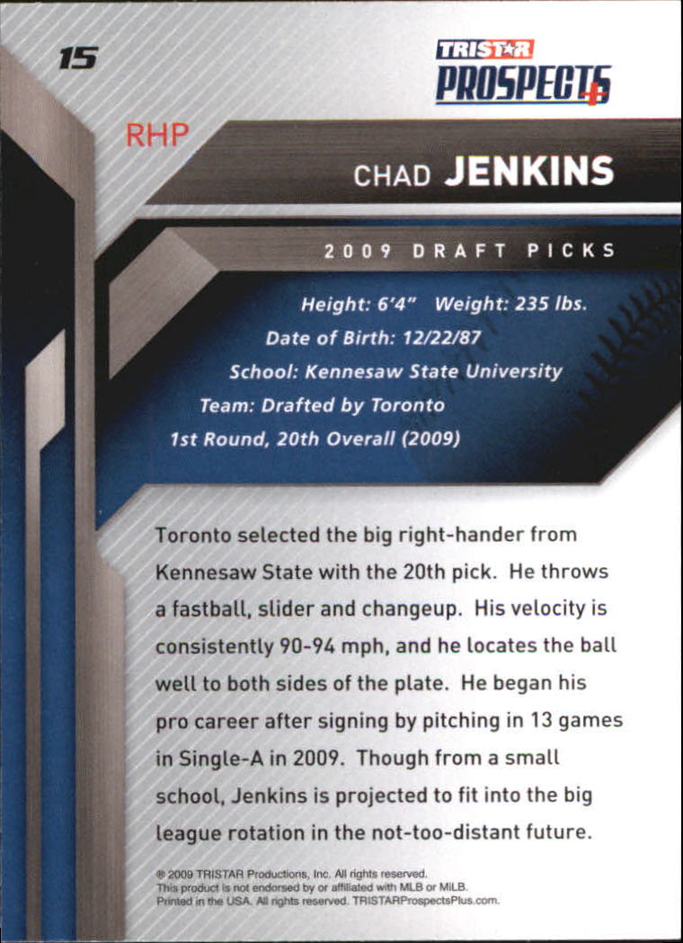 2009 TRISTAR Prospects Plus #15 Chad Jenkins back image