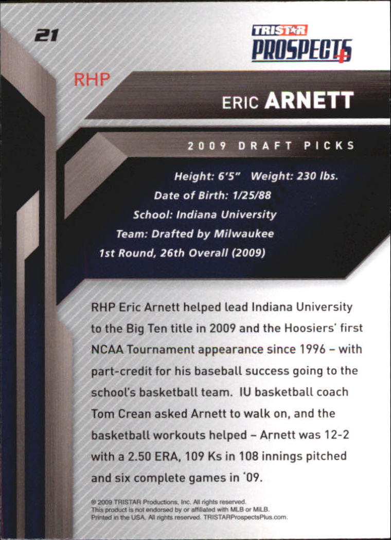 2009 TRISTAR Prospects Plus #21 Eric Arnett back image