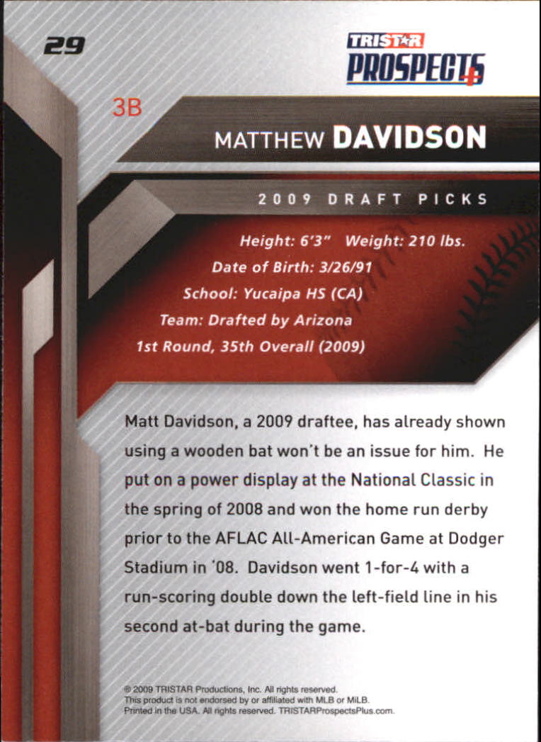 2009 TRISTAR Prospects Plus #29 Matthew Davidson back image