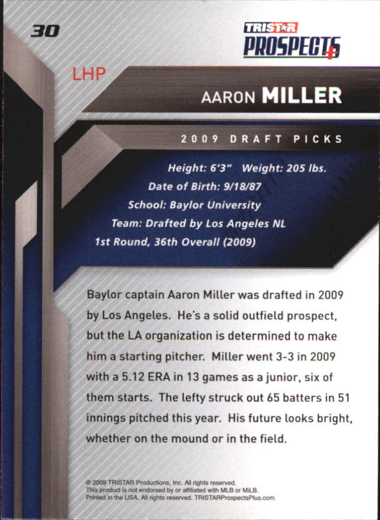2009 TRISTAR Prospects Plus #30 Aaron Miller back image