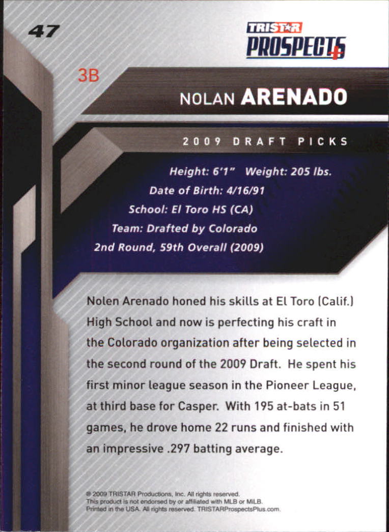 2009 TRISTAR Prospects Plus #47 Nolan Arenado back image