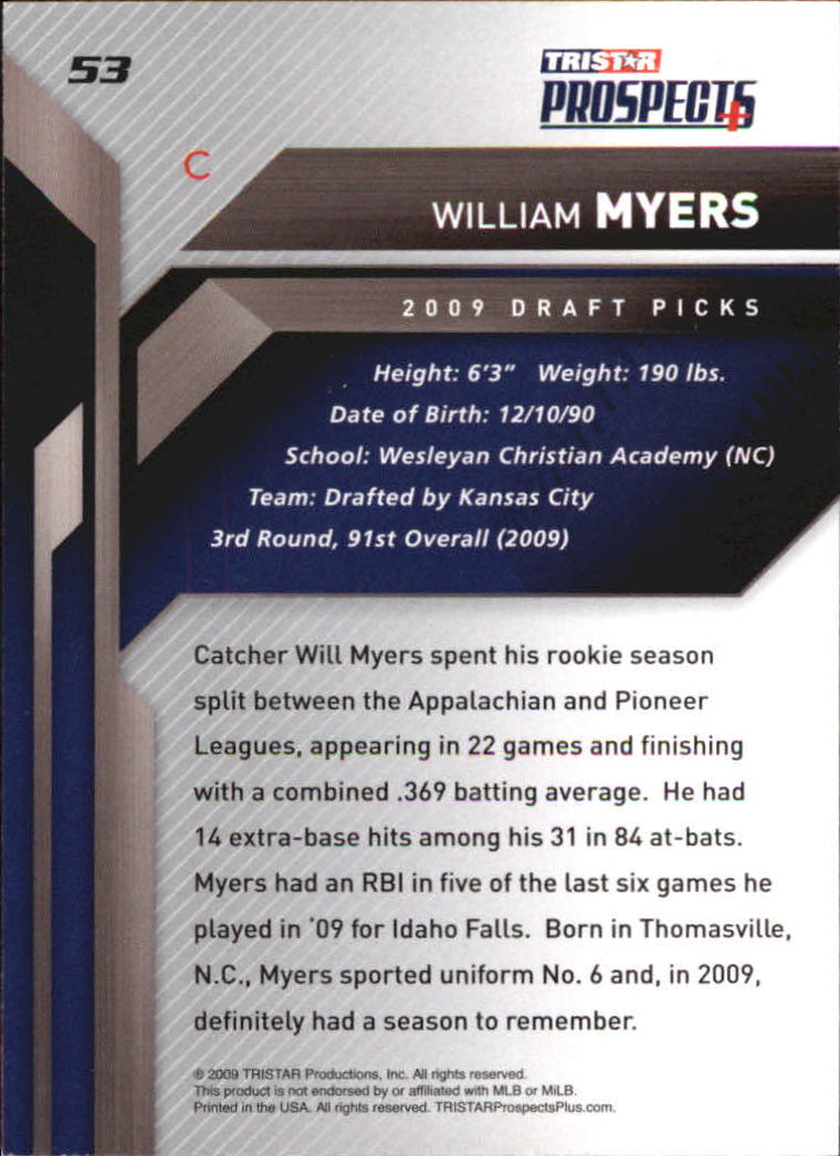 2009 TRISTAR Prospects Plus #53 William Myers back image