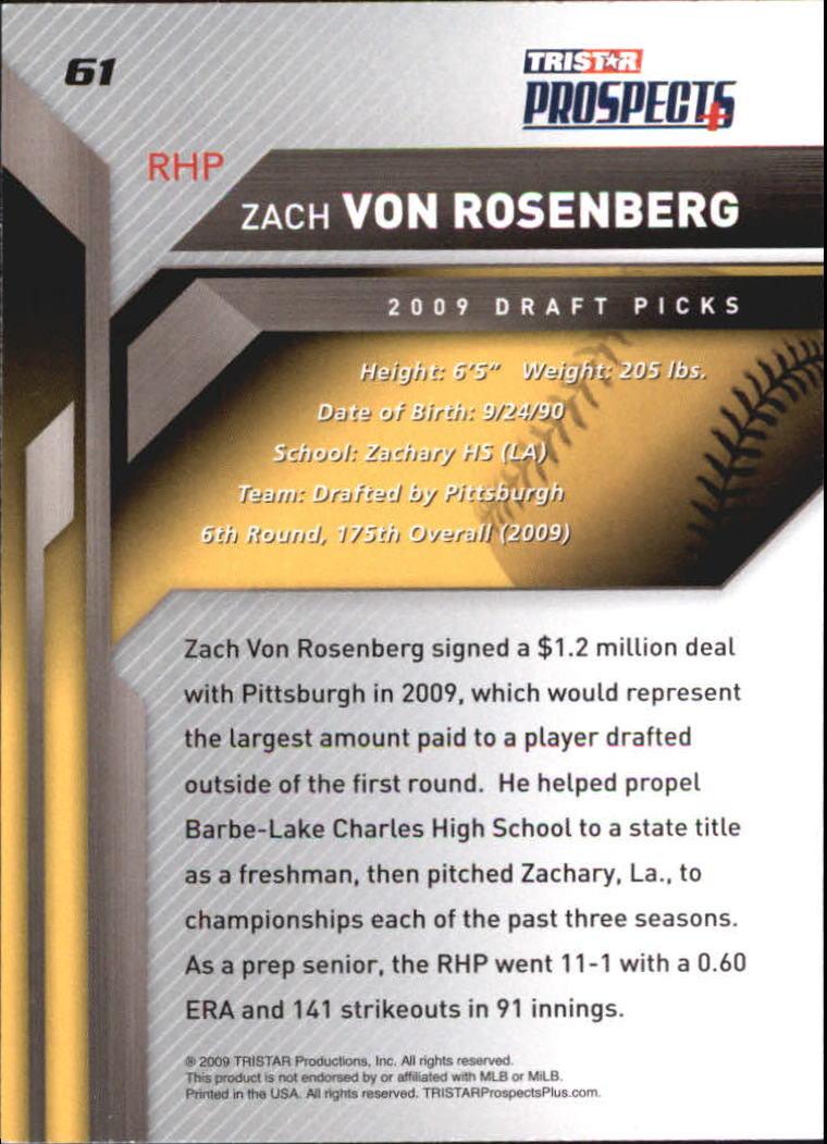 2009 TRISTAR Prospects Plus #61 Zach Von Rosenberg back image