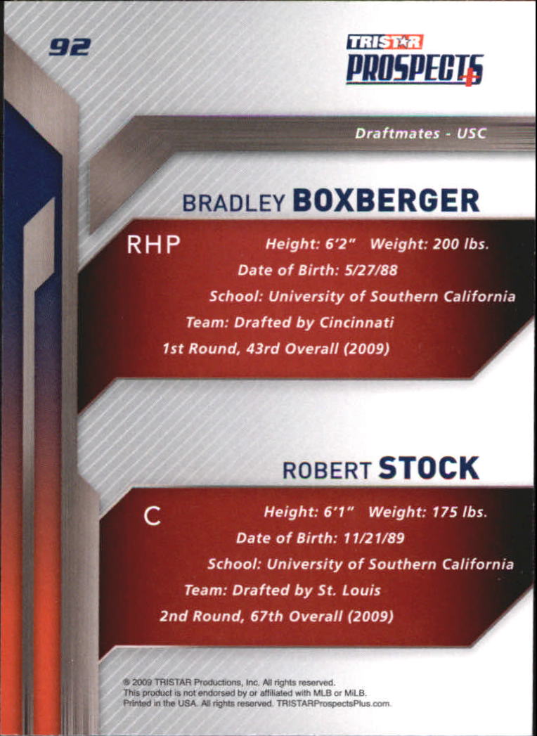 2009 TRISTAR Prospects Plus #92 Bradley Boxberger/Robert Stock back image