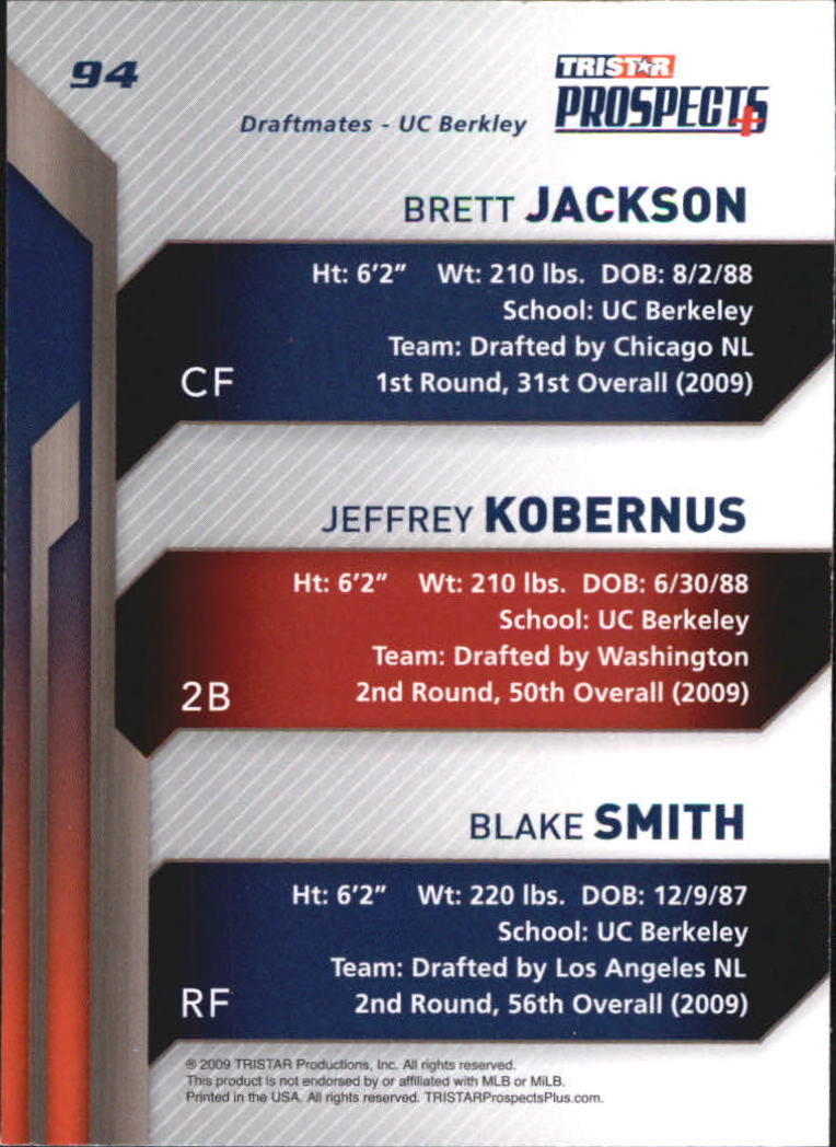 2009 TRISTAR Prospects Plus #94 Brett Jackson/Jeffrey Kobernus/Blake Smith back image