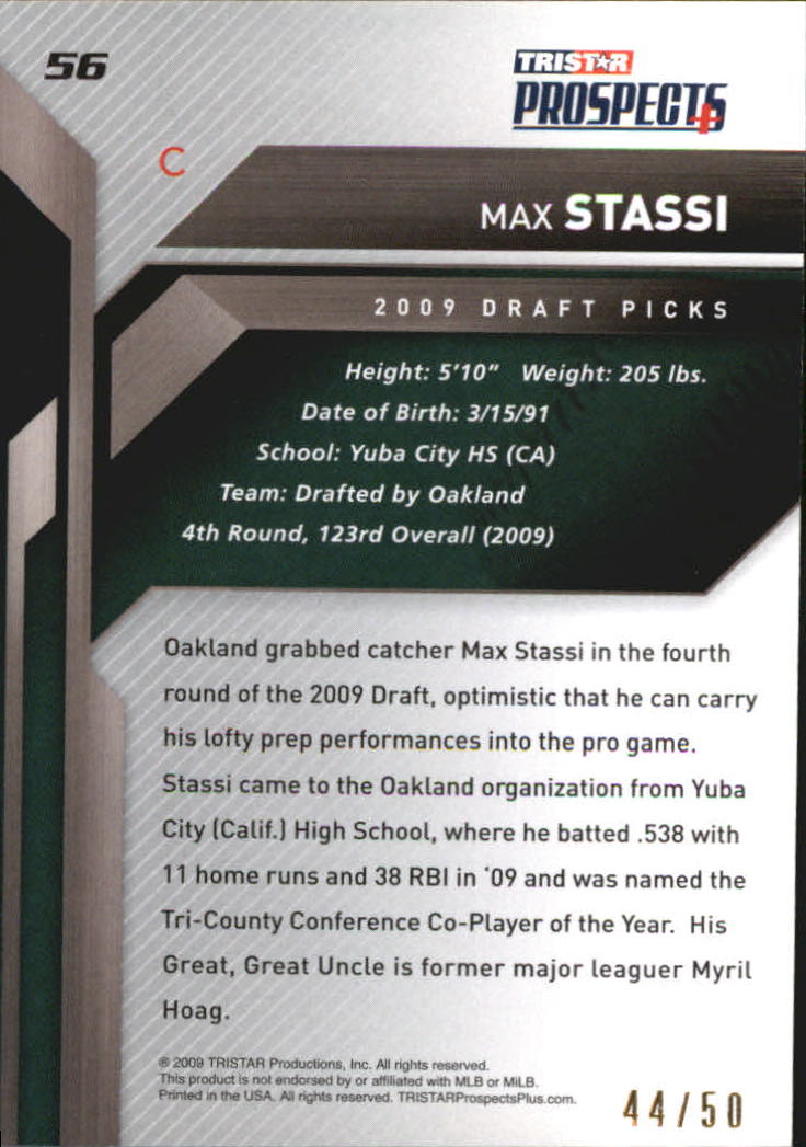 2009 TRISTAR Prospects Plus Gold #56 Max Stassi back image