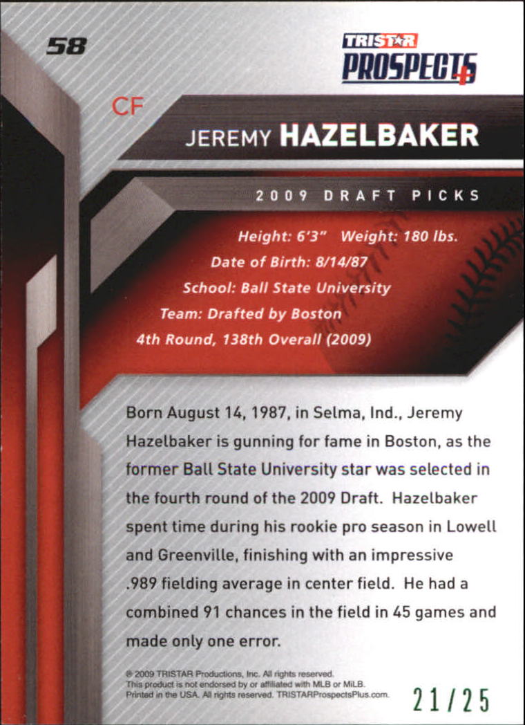 2009 TRISTAR Prospects Plus Green #58 Jeremy Hazelbaker back image