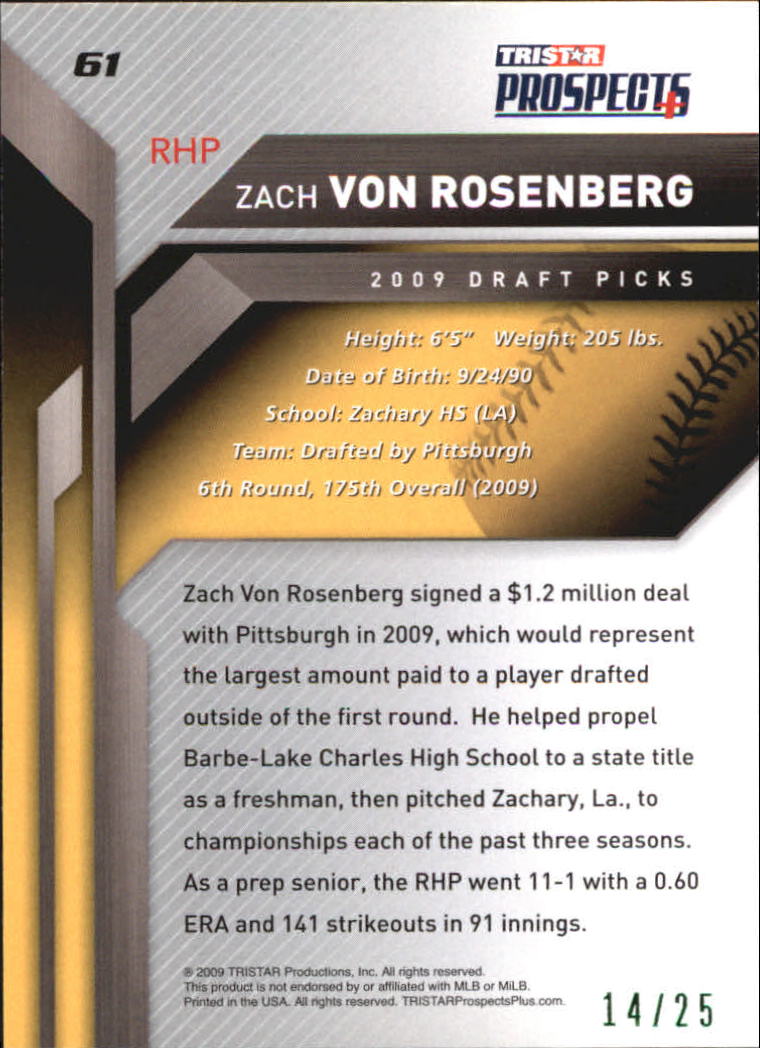 2009 TRISTAR Prospects Plus Green #61 Zach Von Rosenberg back image