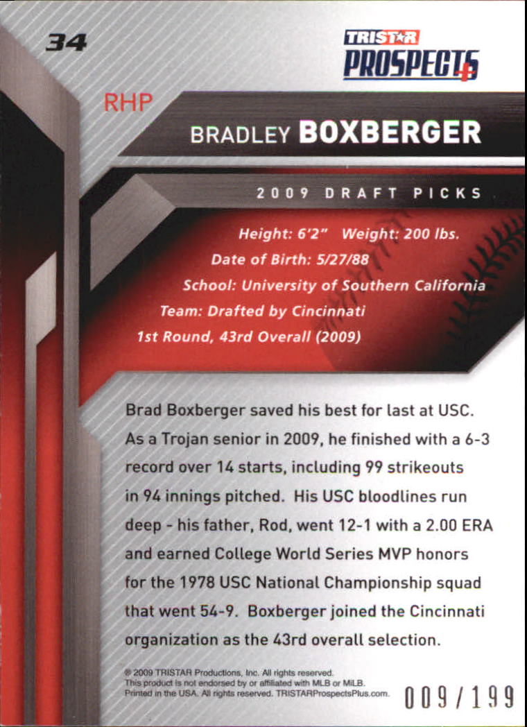 2009 TRISTAR Prospects Plus Autographs #34 Bradley Boxberger back image