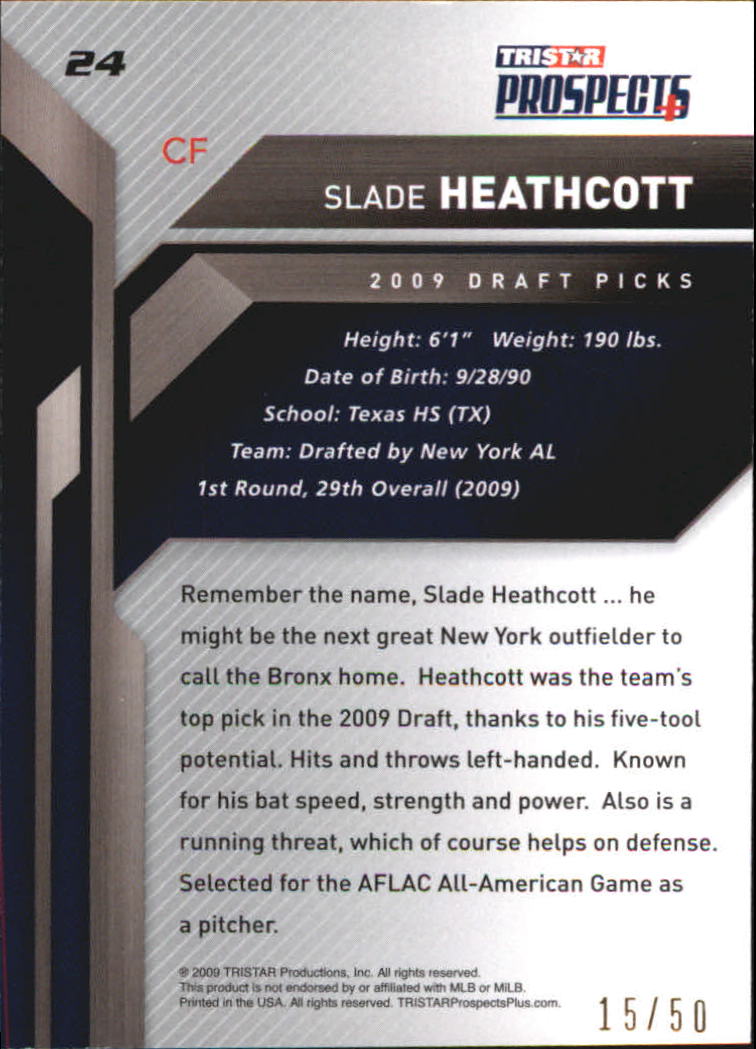 2009 TRISTAR Prospects Plus Autographs Gold #24a Slade Heathcott back image