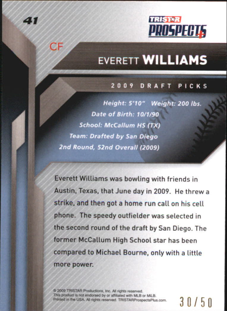 2009 TRISTAR Prospects Plus Autographs Gold #41 Everett Williams back image