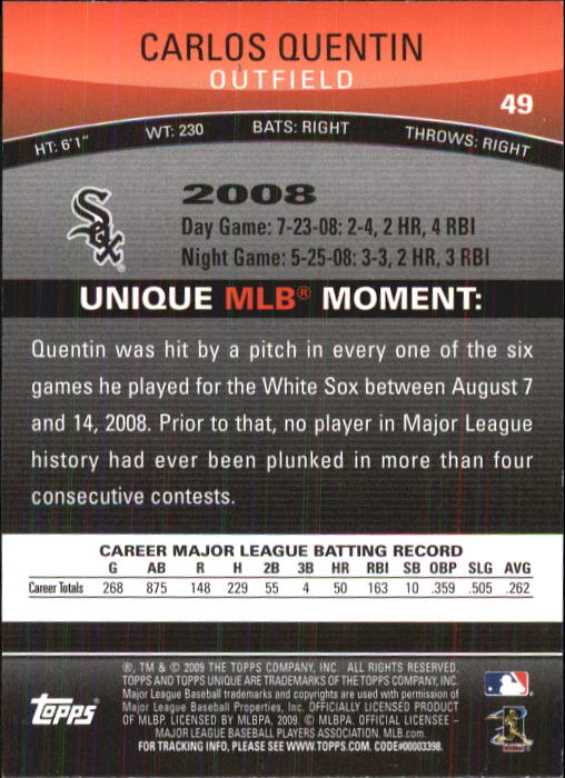 2009 Topps Unique #49 Carlos Quentin back image