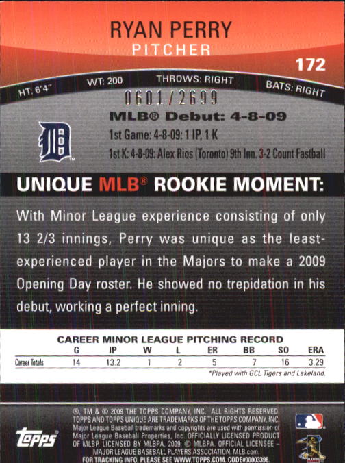 2009 Topps Unique #172 Ryan Perry RC back image