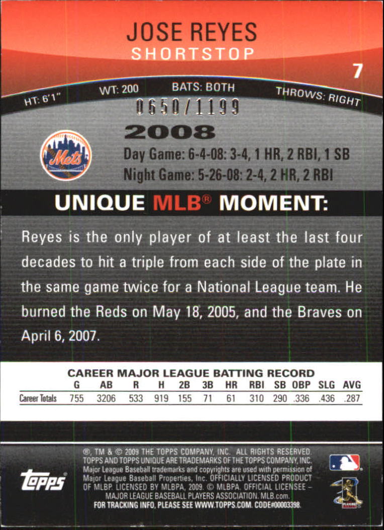 2009 Topps Unique Red #7 Jose Reyes back image