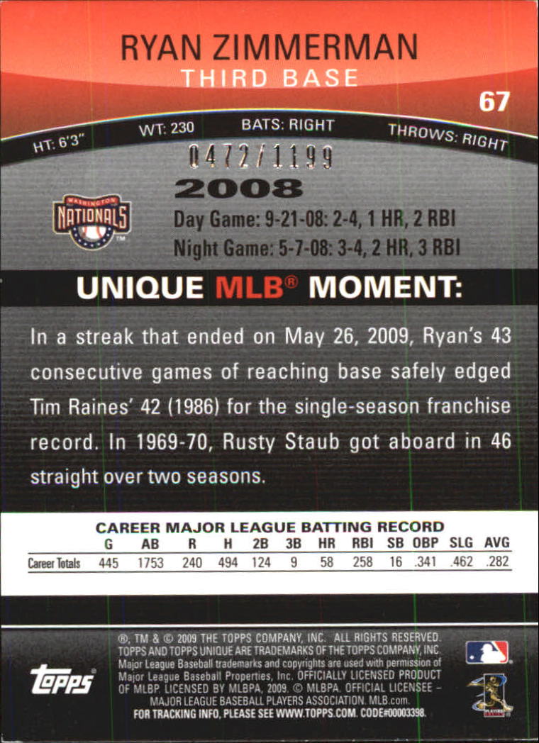 2009 Topps Unique Red #67 Ryan Zimmerman back image