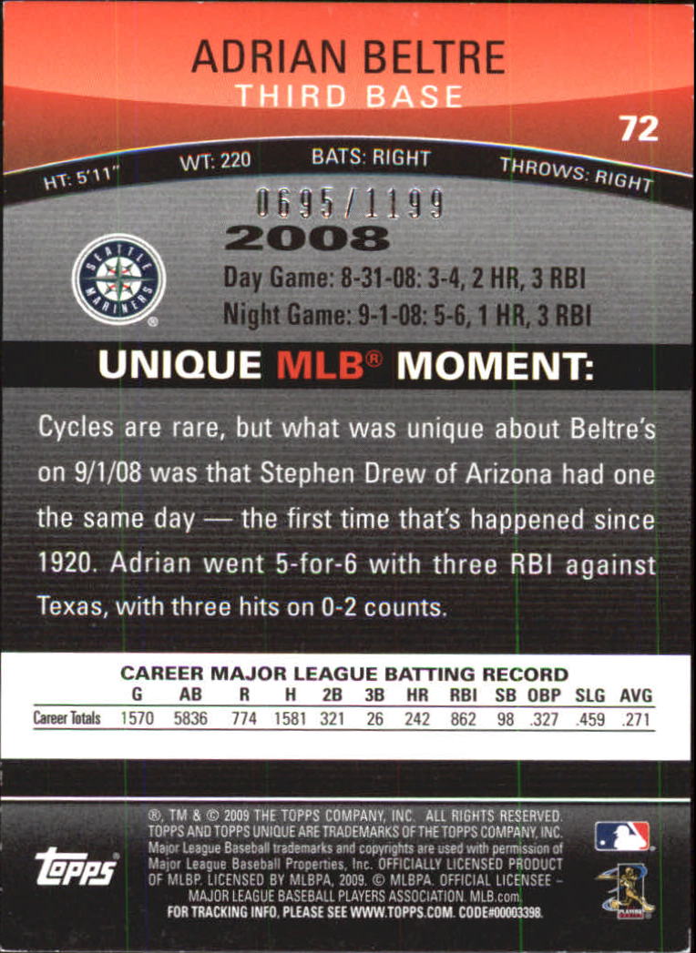 2009 Topps Unique Red #72 Adrian Beltre back image