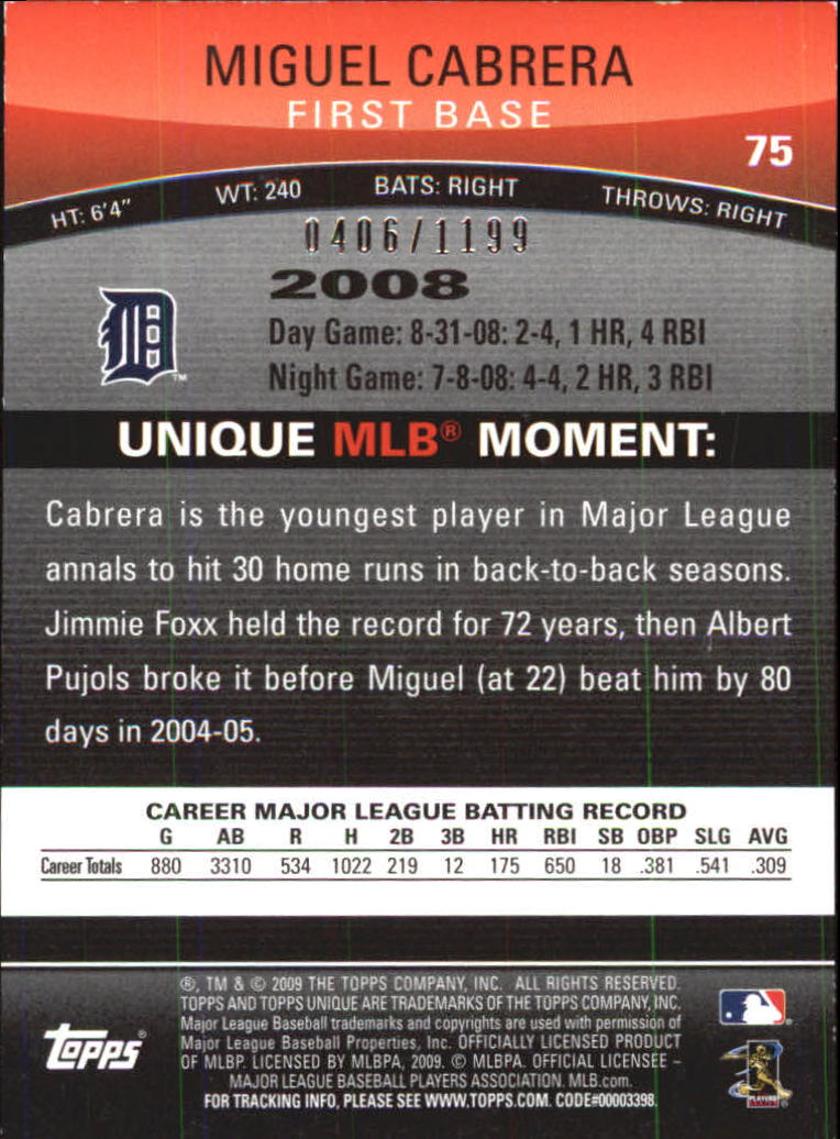 2009 Topps Unique Red #75 Miguel Cabrera back image