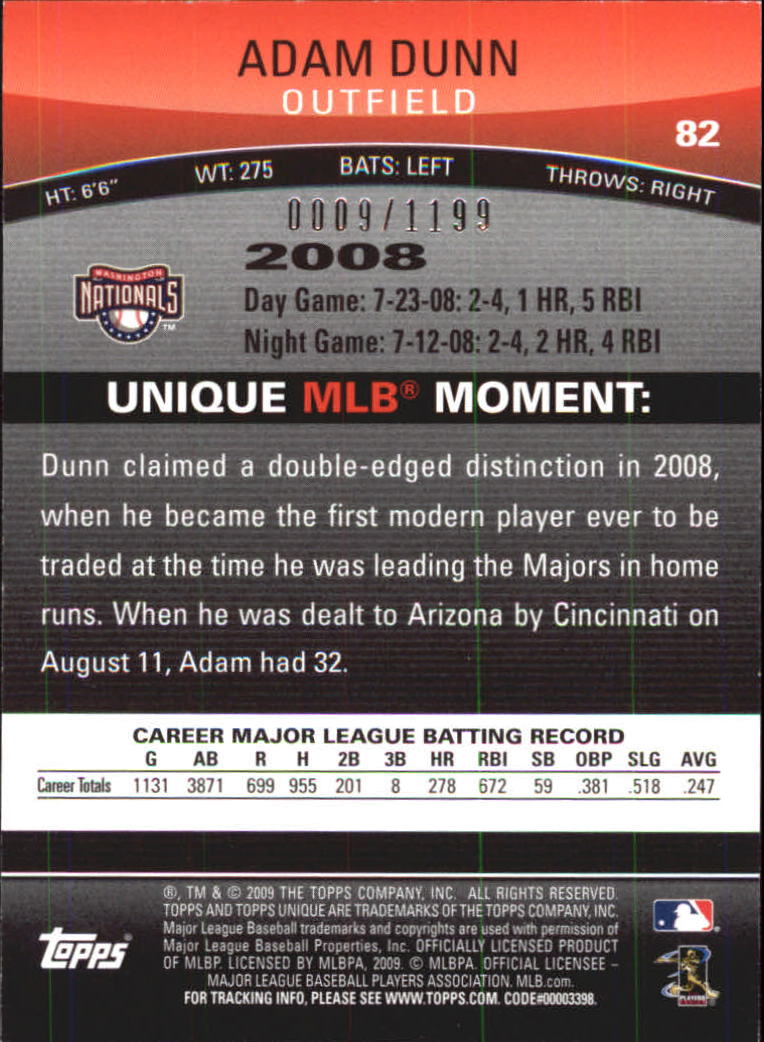 2009 Topps Unique Red #82 Adam Dunn back image