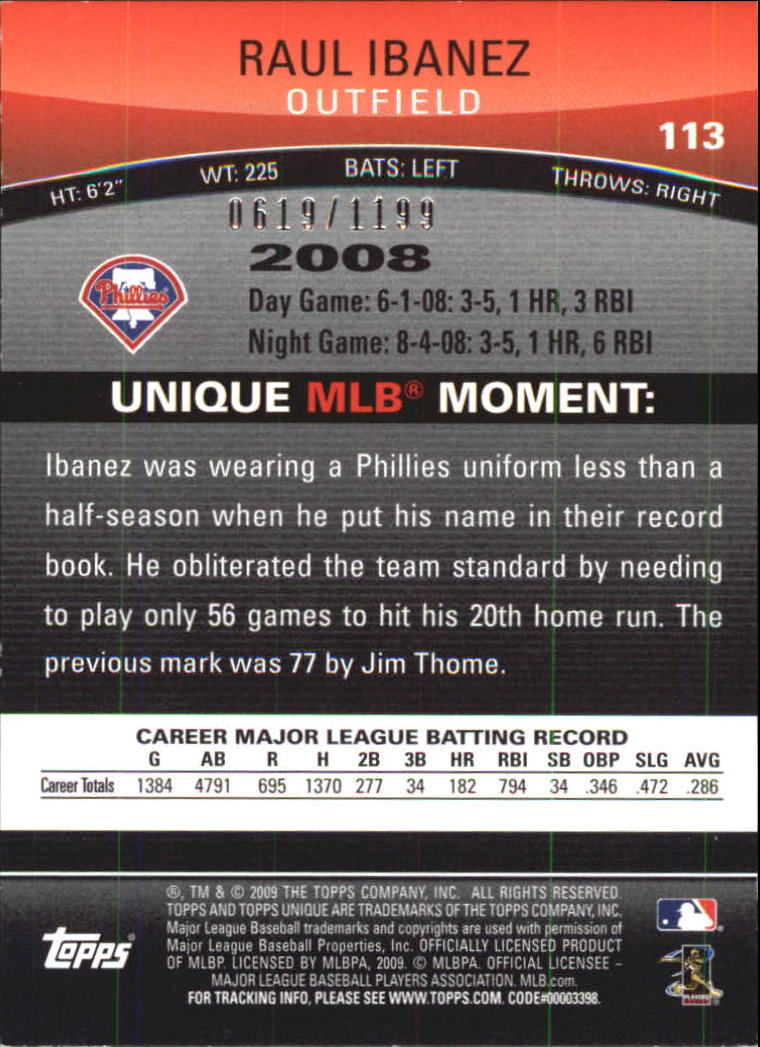 2009 Topps Unique Red #113 Raul Ibanez back image