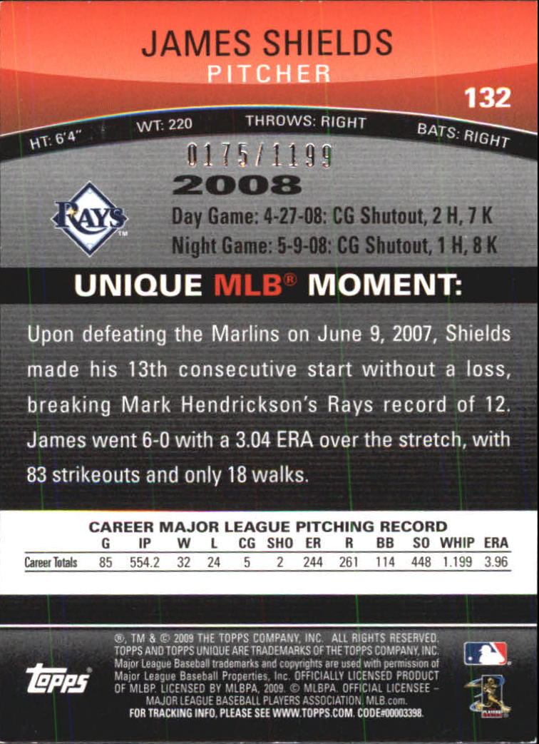 2009 Topps Unique Red #132 James Shields back image