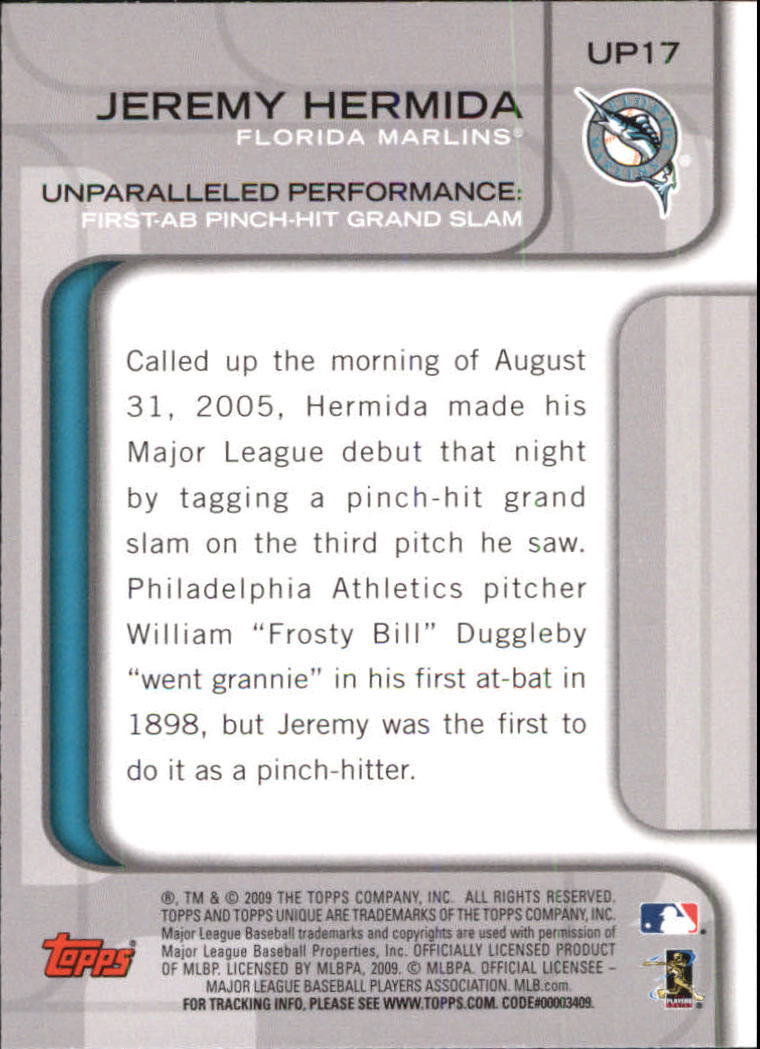 2009 Topps Unique Unparalleled Performances #UP17 Jeremy Hermida back image