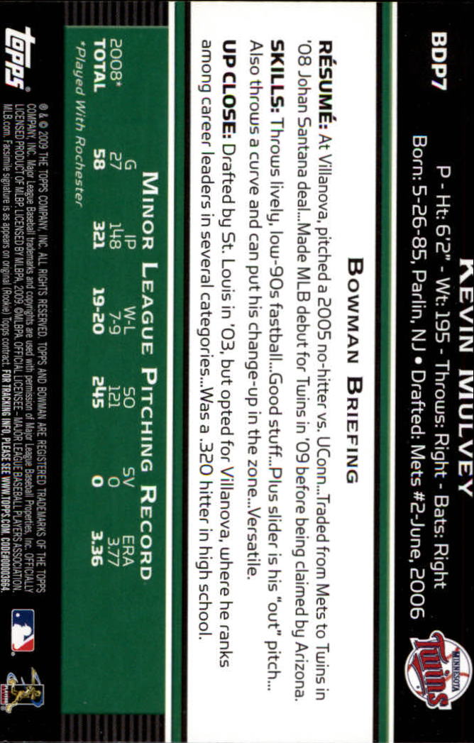 2009 Bowman Draft #BDP7 Kevin Mulvey RC back image
