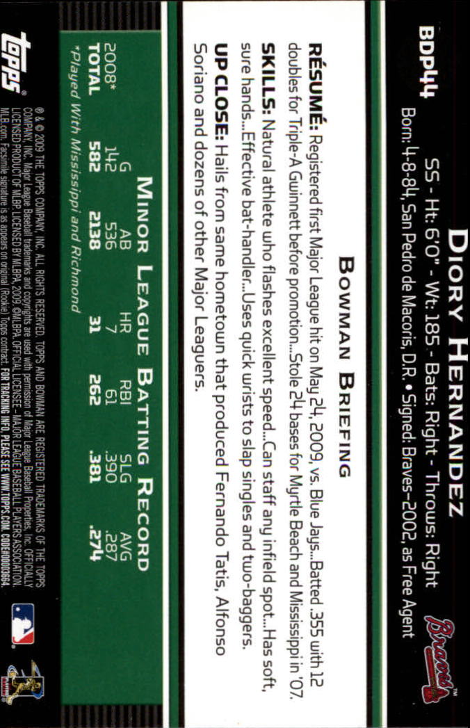 2009 Bowman Draft #BDP44 Diory Hernandez RC back image