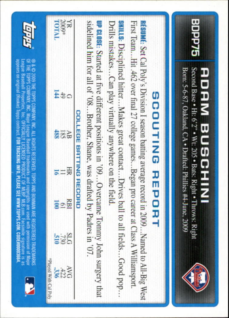 2009 Bowman Draft Prospects #BDPP75 Adam Buschini back image
