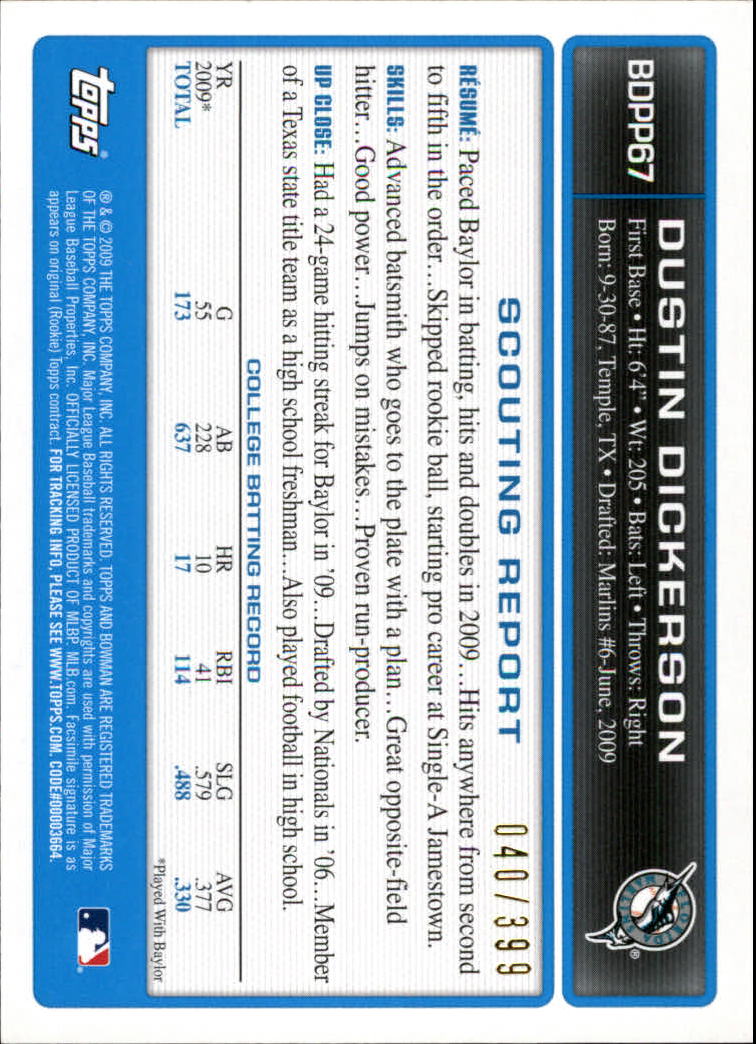 2009 Bowman Draft Prospects Blue #BDPP67 Dustin Dickerson back image