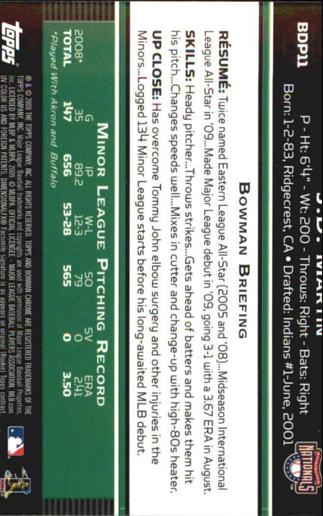 2009 Bowman Chrome Draft #BDP11 J.D. Martin (RC) back image