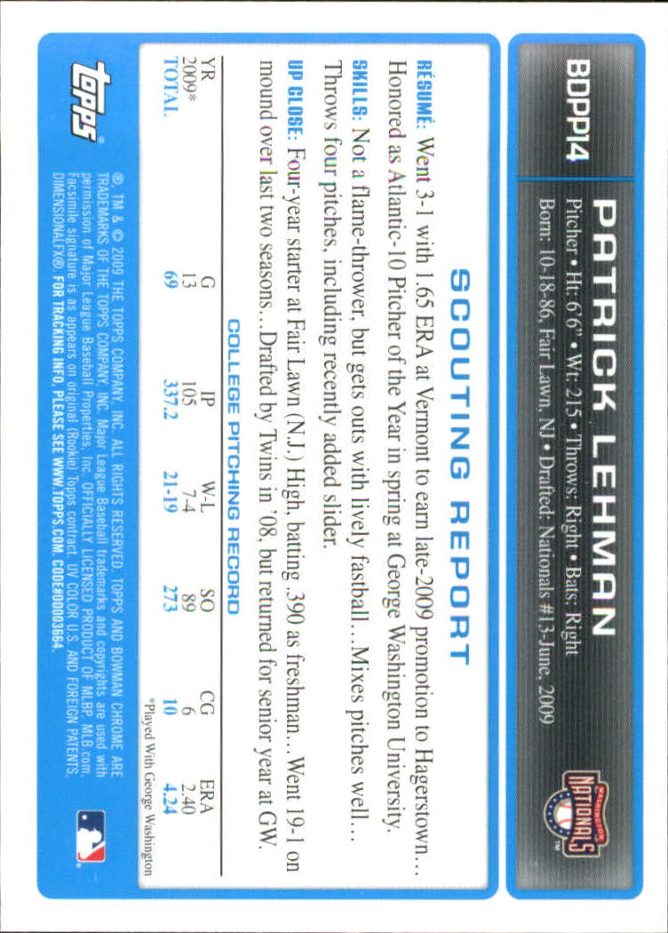 2009 Bowman Chrome Draft Prospects #BDPP14 Patrick Lehman back image