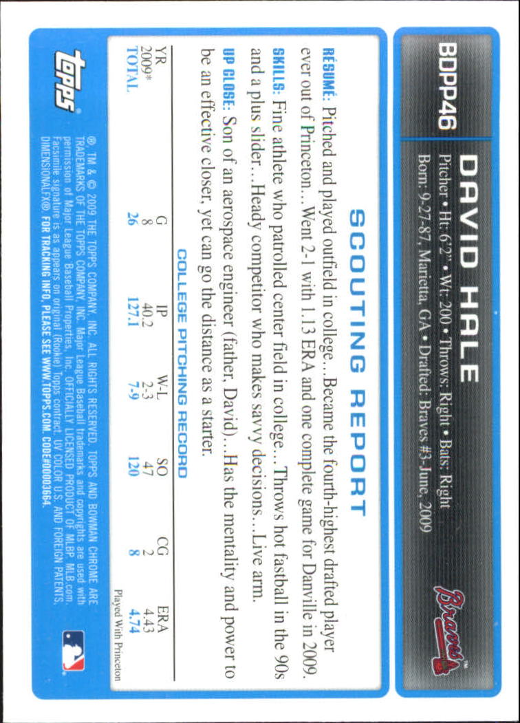 2009 Bowman Chrome Draft Prospects #BDPP46 David Hale back image