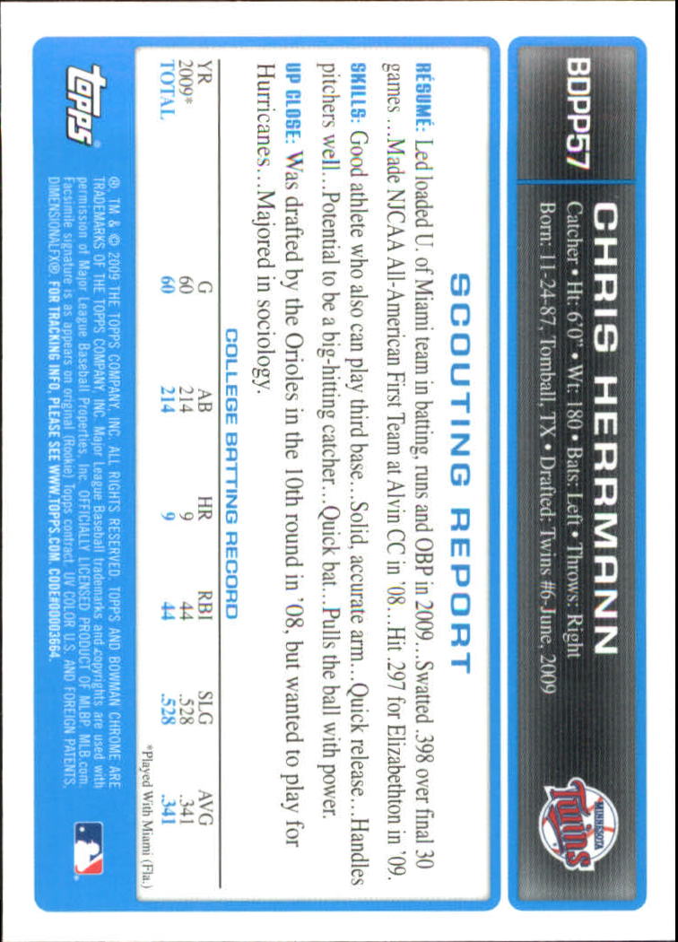 2009 Bowman Chrome Draft Prospects #BDPP57 Chris Herrmann back image