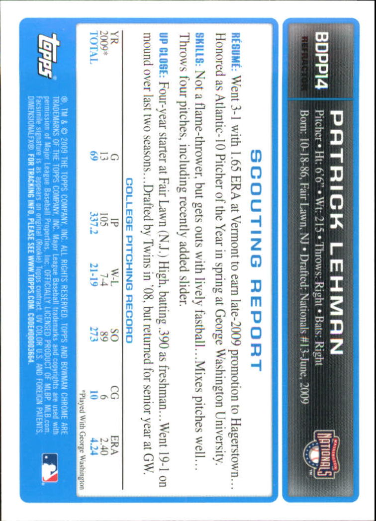 2009 Bowman Chrome Draft Prospects Refractors #BDPP14 Patrick Lehman back image