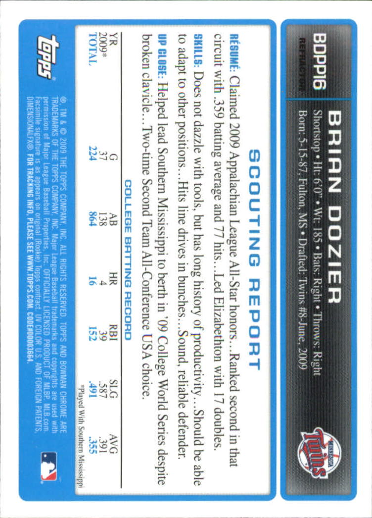 2009 Bowman Chrome Draft Prospects Refractors #BDPP16 Brian Dozier back image