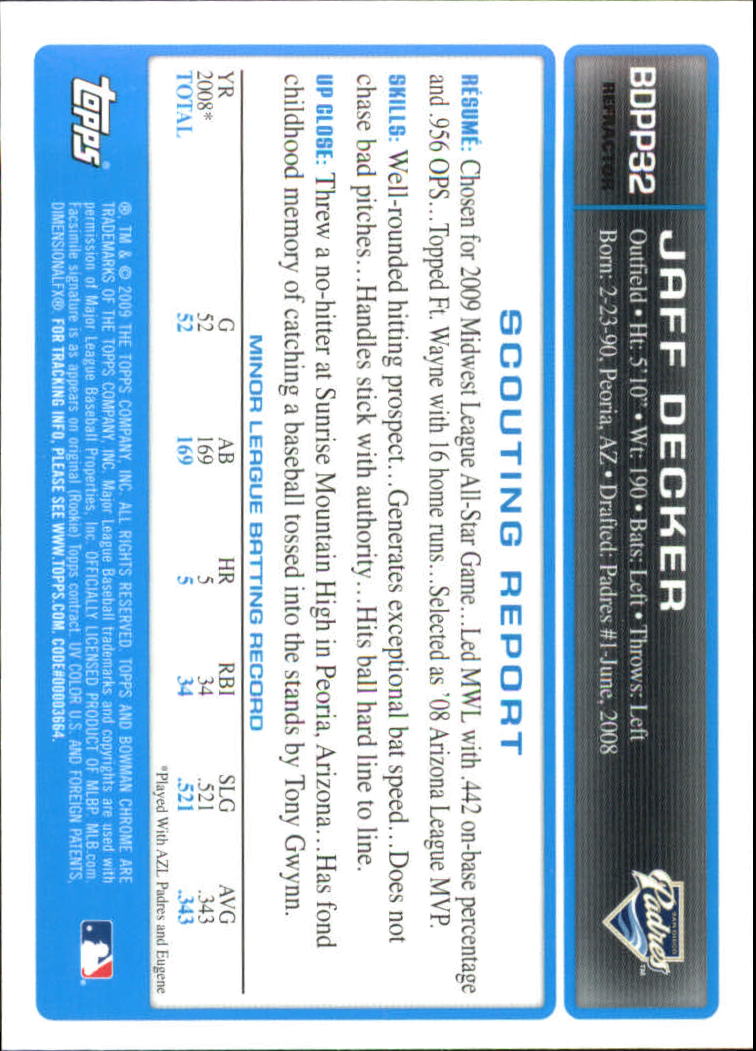 2009 Bowman Chrome Draft Prospects Refractors #BDPP32 Jaff Decker back image