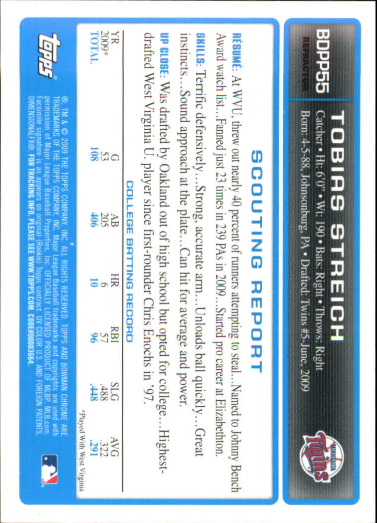 2009 Bowman Chrome Draft Prospects Refractors #BDPP55 Tobias Streich back image